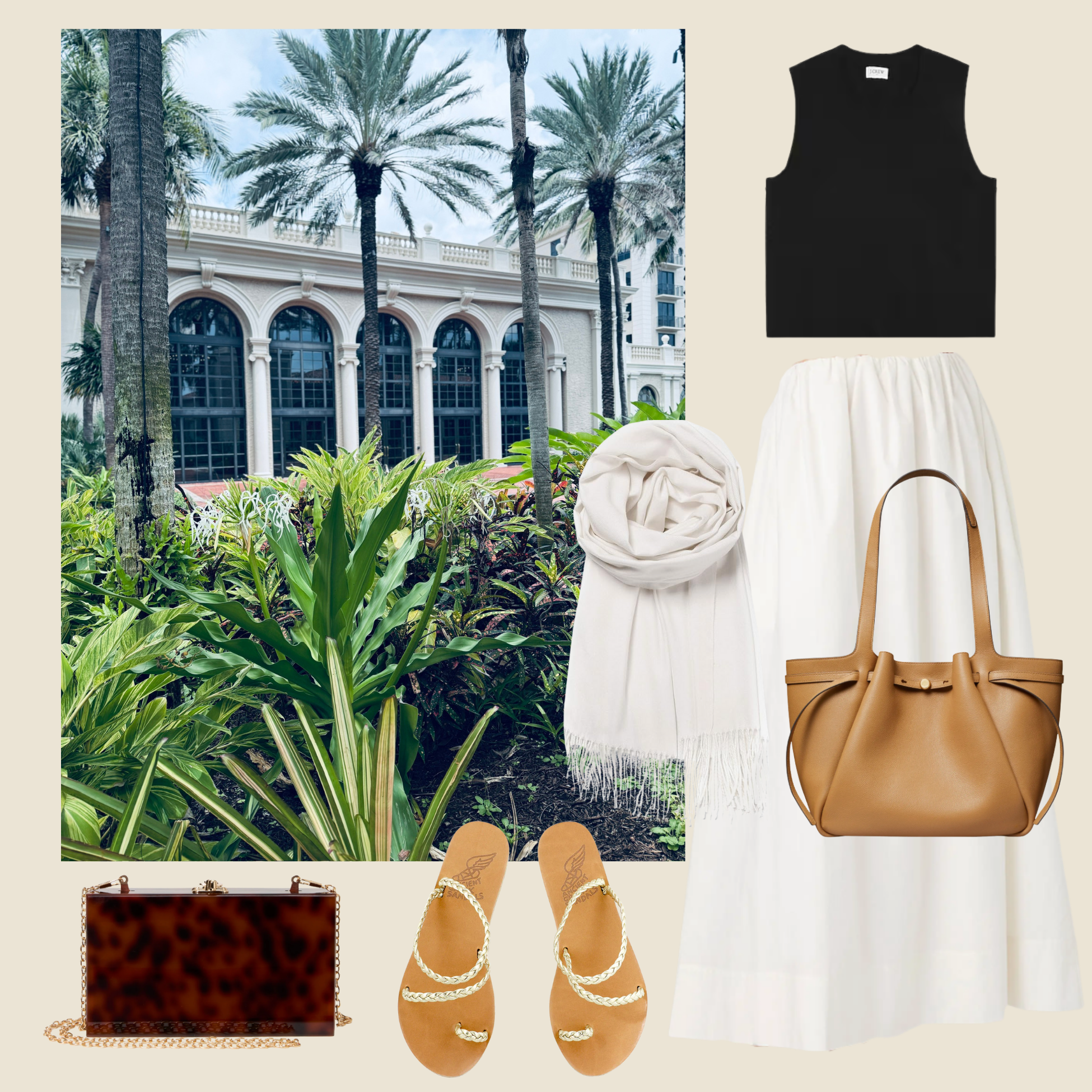 A stylish outfit featuring a black sleeveless top, a white skirt, a beige handbag, sandals, and a white scarf, set against a lush garden with palm trees and a grand building in the background.